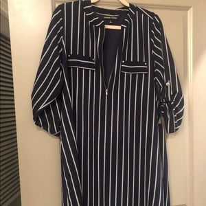 Navy Blue And White Plaid Belted Dress